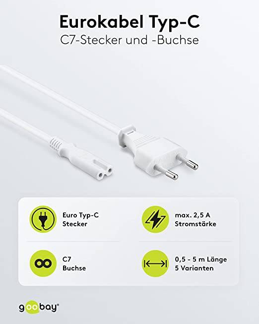 Goobay 93988 Netzkabel mit Eurostecker & C7 Buchse universell Stromkabel für PlayStation & Xbox Eurokabel, Weiß, 5.00 m