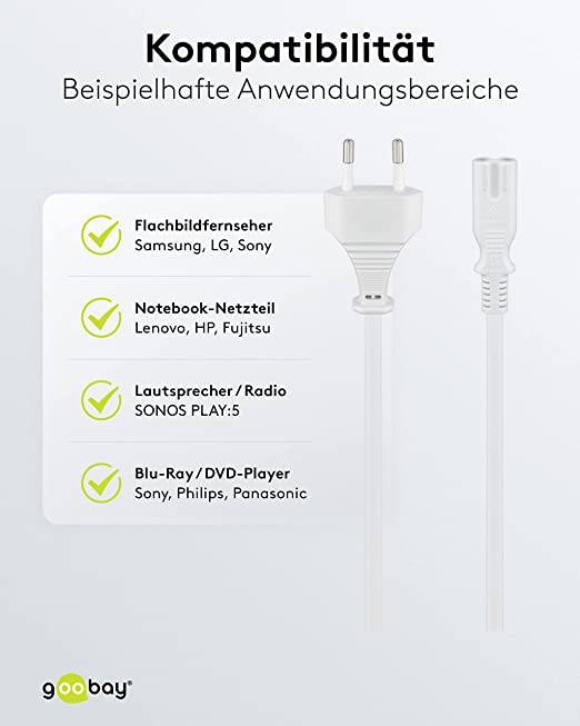 Goobay 93988 Netzkabel mit Eurostecker & C7 Buchse universell Stromkabel für PlayStation & Xbox Eurokabel, Weiß, 5.00 m