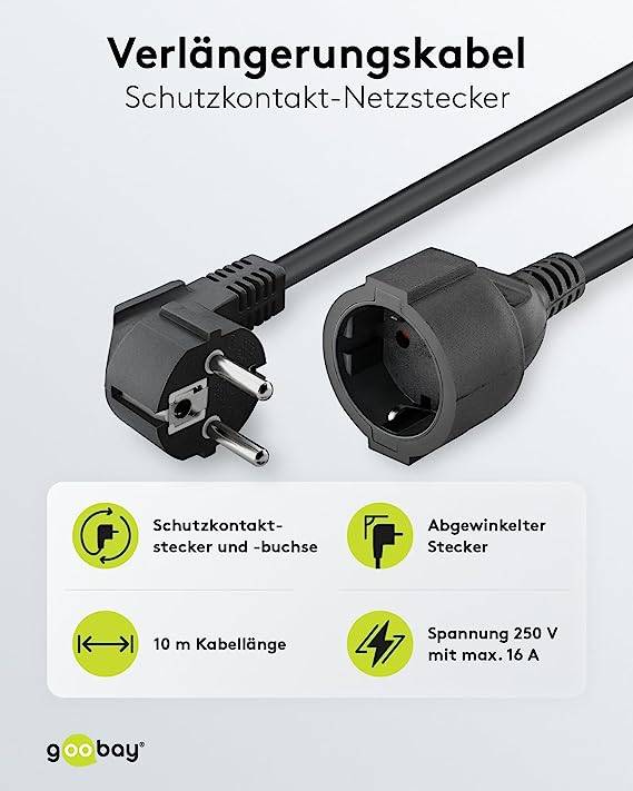 Goobay 93095 Verlängerungskabel mit Schutzkontaktstecker 250V Schutzkontakt 10 Meter Stromkabel Verlängerung Schwarz 10m