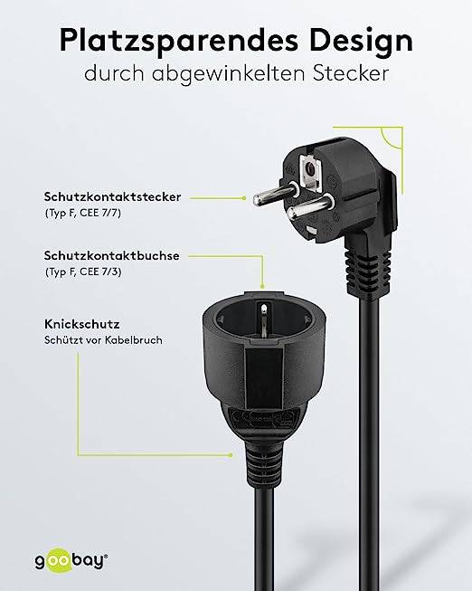 Goobay 93095 Verlängerungskabel mit Schutzkontaktstecker 250V Schutzkontakt 10 Meter Stromkabel Verlängerung Schwarz 10m