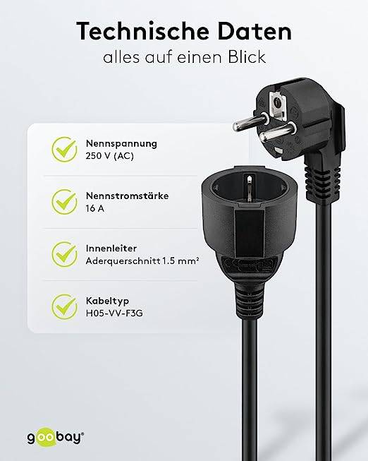 Goobay 93095 Verlängerungskabel mit Schutzkontaktstecker 250V Schutzkontakt 10 Meter Stromkabel Verlängerung Schwarz 10m