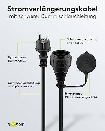 Goobay 71475 Outdoor Verlängerungskabel Schutzkontakt Stecker Außen IP44 10 Meter Stromkabel Verlängerung Schwarz 10m