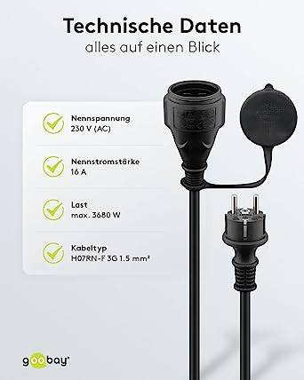 Goobay 71475 Outdoor Verlängerungskabel Schutzkontakt Stecker Außen IP44 10 Meter Stromkabel Verlängerung Schwarz 10m