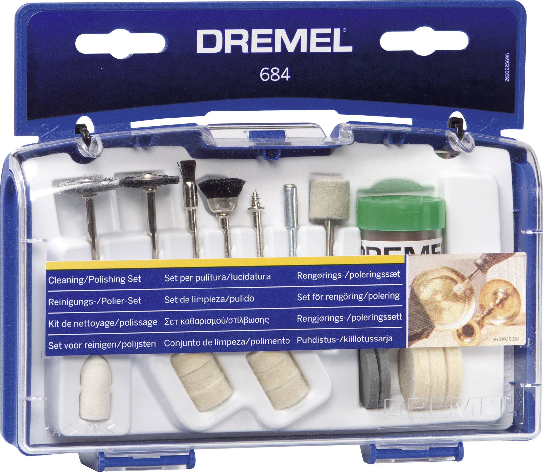 Dremel 684 Reinigungs-/Polierset mit verschiedenen Aufsätzen in einer transparenten Box. Enthält Poliermittel und Bürstenaufsätze.