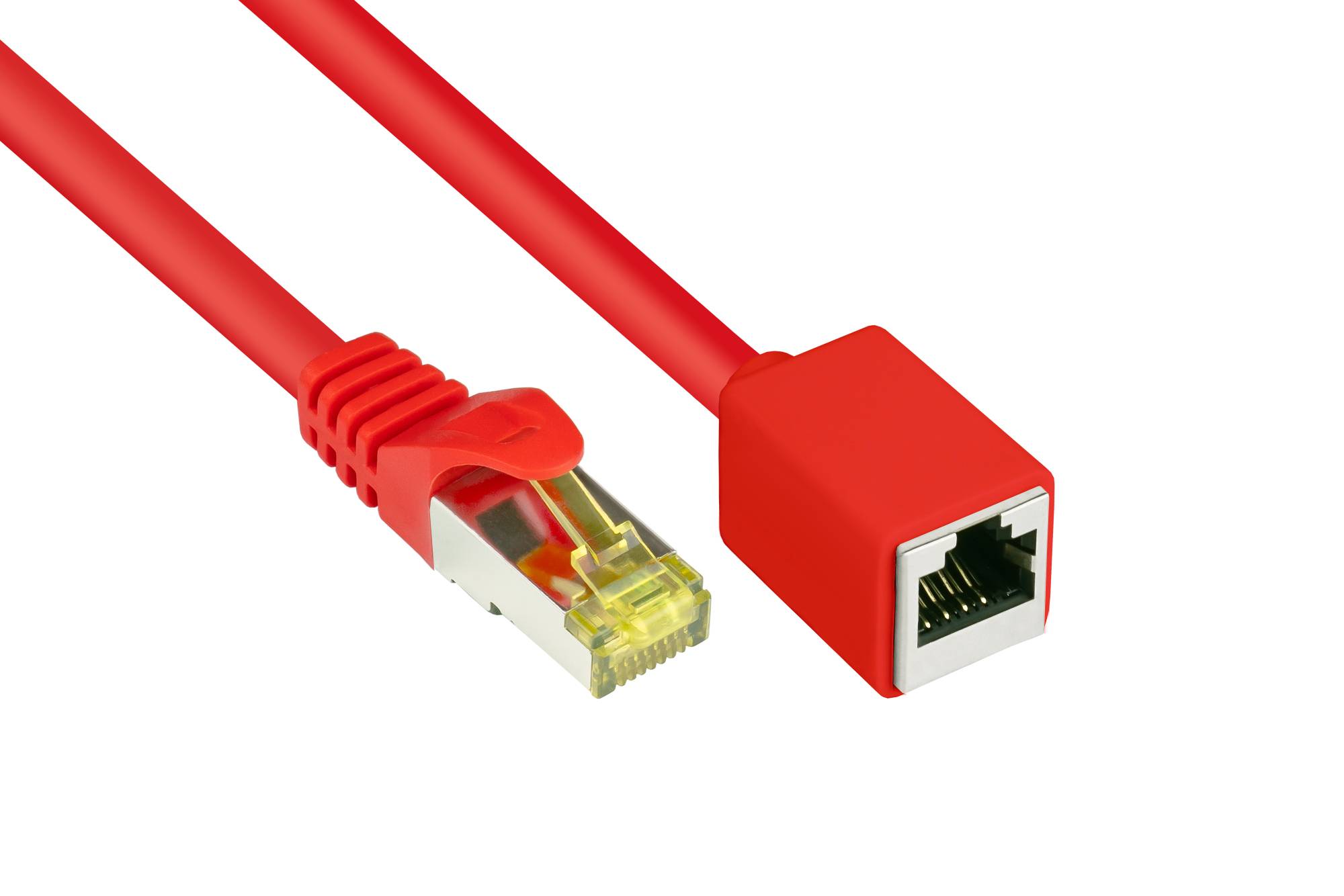 Good Connections® RJ45 Patchkabelverlängerung mit Cat. 7 Rohkabel und Rastnasenschutz, S/FTP, 500MHz, rot, 10m