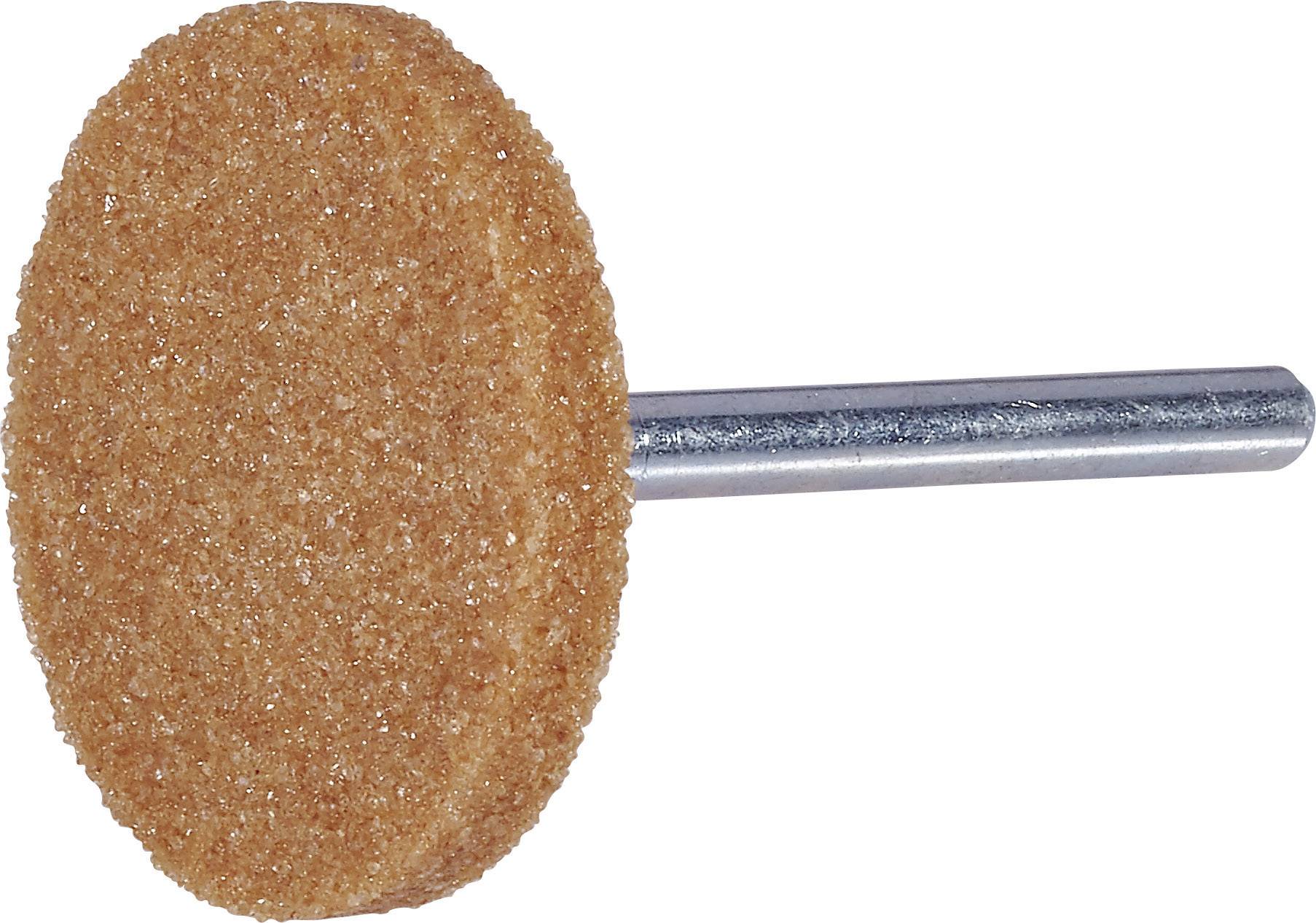 Ein brauner Schleifstein mit silbrigem Stiel, verwendet für das Schärfen oder Polieren von Materialien, liegt isoliert auf weißem Hintergrund.