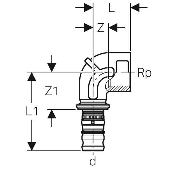 Geberit GE Mepla Übergangsbogen, IG Rp, 90 Grad, d20mm x Rp3/4, 1 Stk.