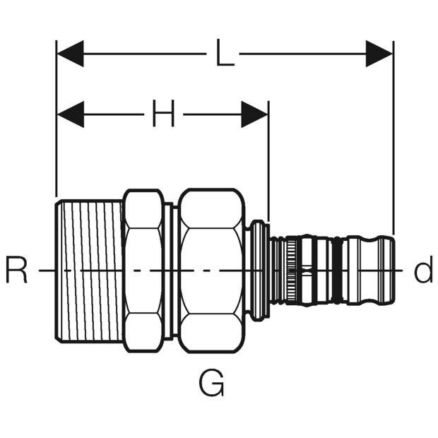 Geberit GE Mepla, Übergangsverschraubung, AG, d16mm x R1/2, lösbar, 1 Stk.