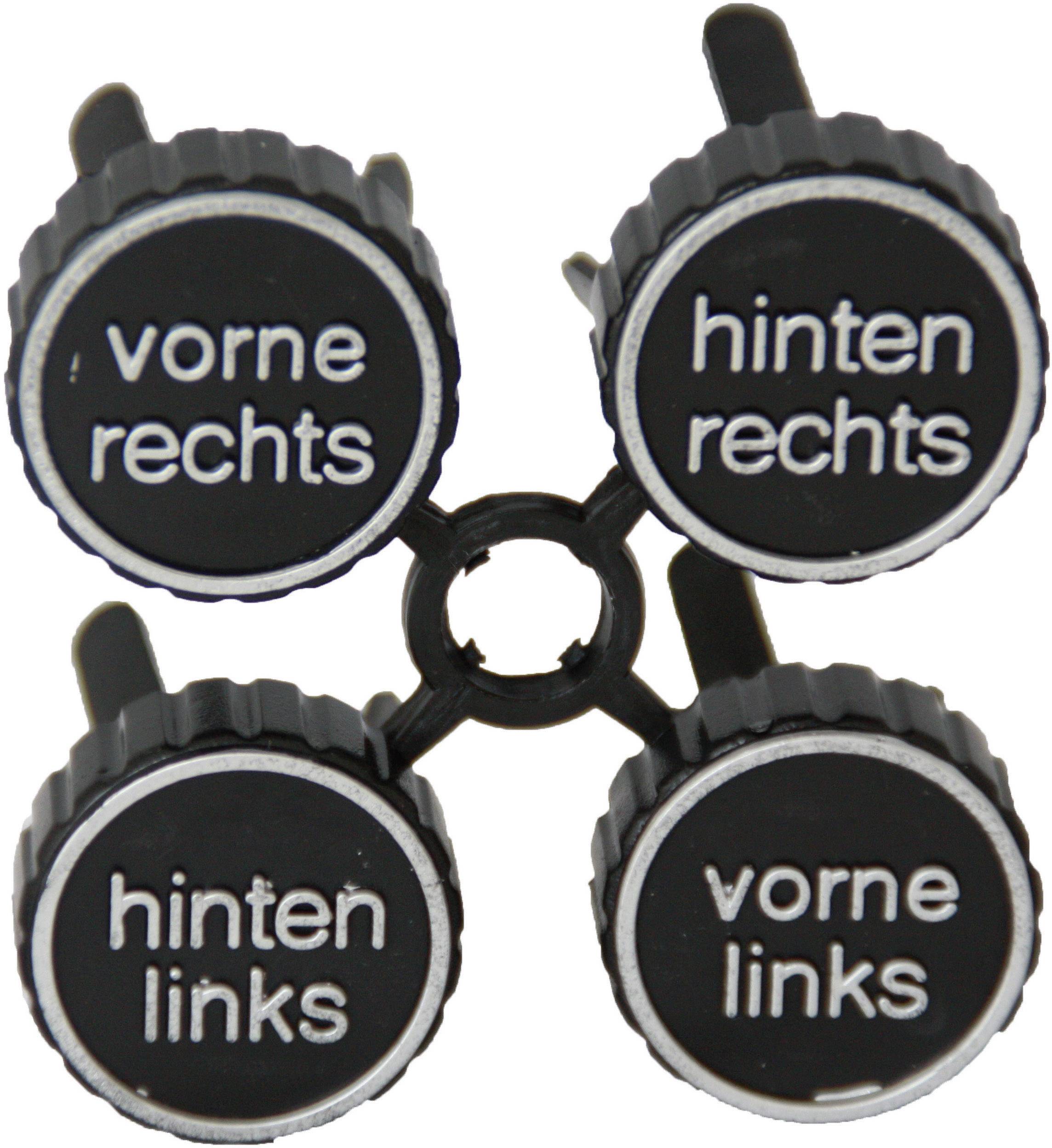 Vier schwarze Drehknöpfe mit Beschriftungen: 'vorne rechts', 'hinten rechts', 'hinten links', 'vorne links', im Kreis angeordnet.