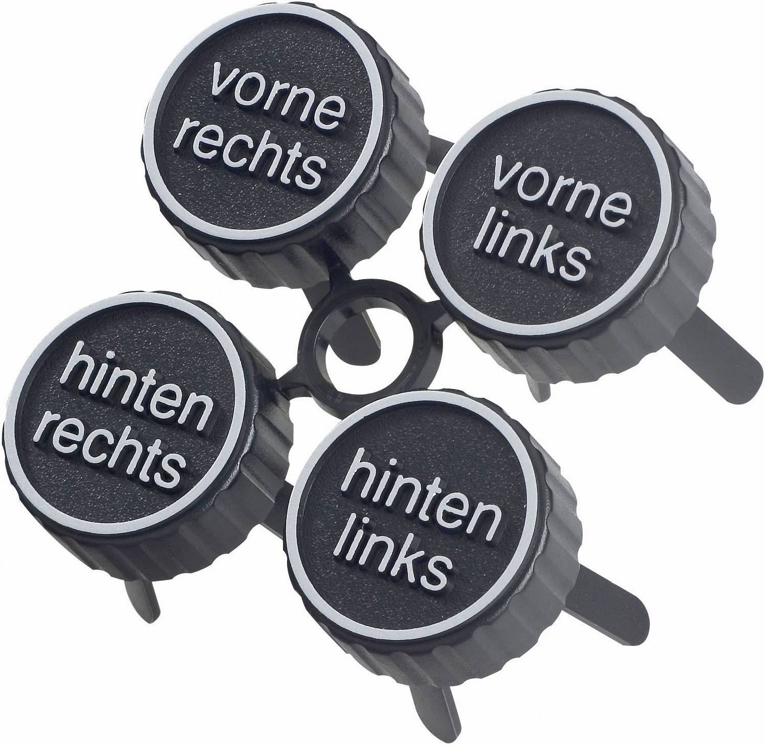 Ventilkappen mit Beschriftungen: 'vorne rechts', 'vorne links', 'hinten rechts' und 'hinten links', zur Kennzeichnung von Autoreifenpositionen.