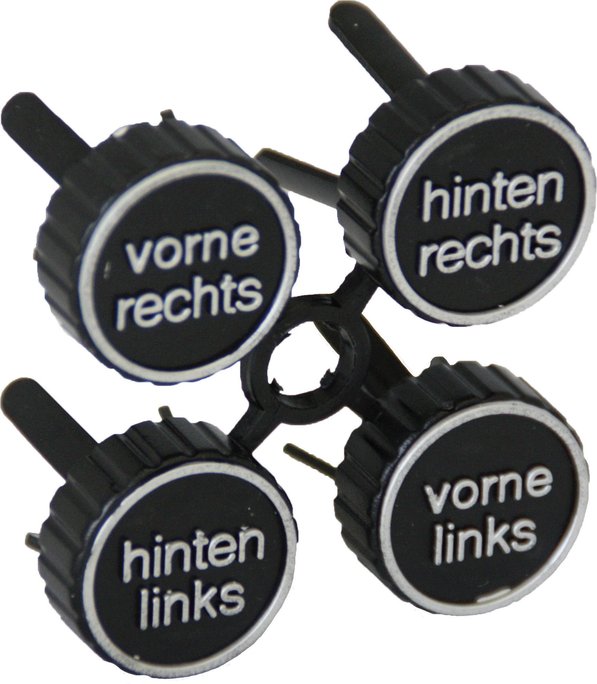 Schwarz-weiße Einstellknöpfe mit Beschriftungen: 'vorne rechts', 'hinten rechts', 'hinten links' und 'vorne links'.