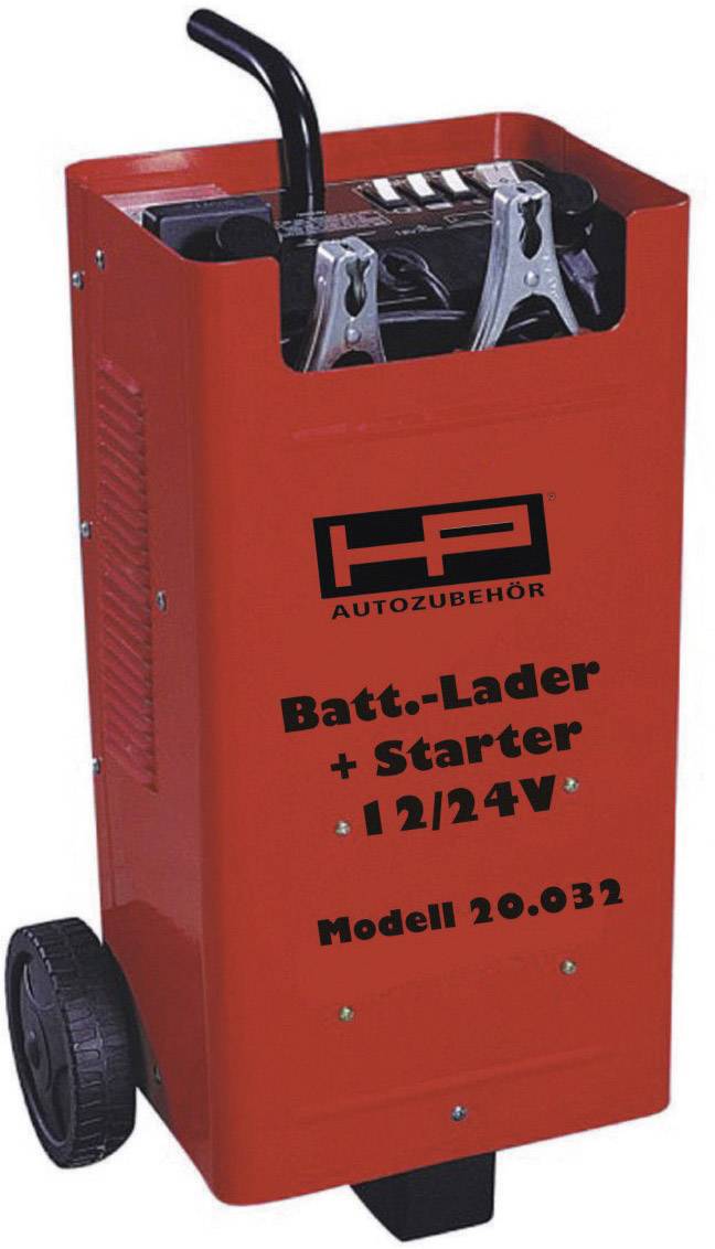 Ein rotes Batterie-Ladegerät mit Starterfunktion für 12/24V, beschriftet mit 'Modell 20.032', ausgestattet mit Rollen und Griff.
