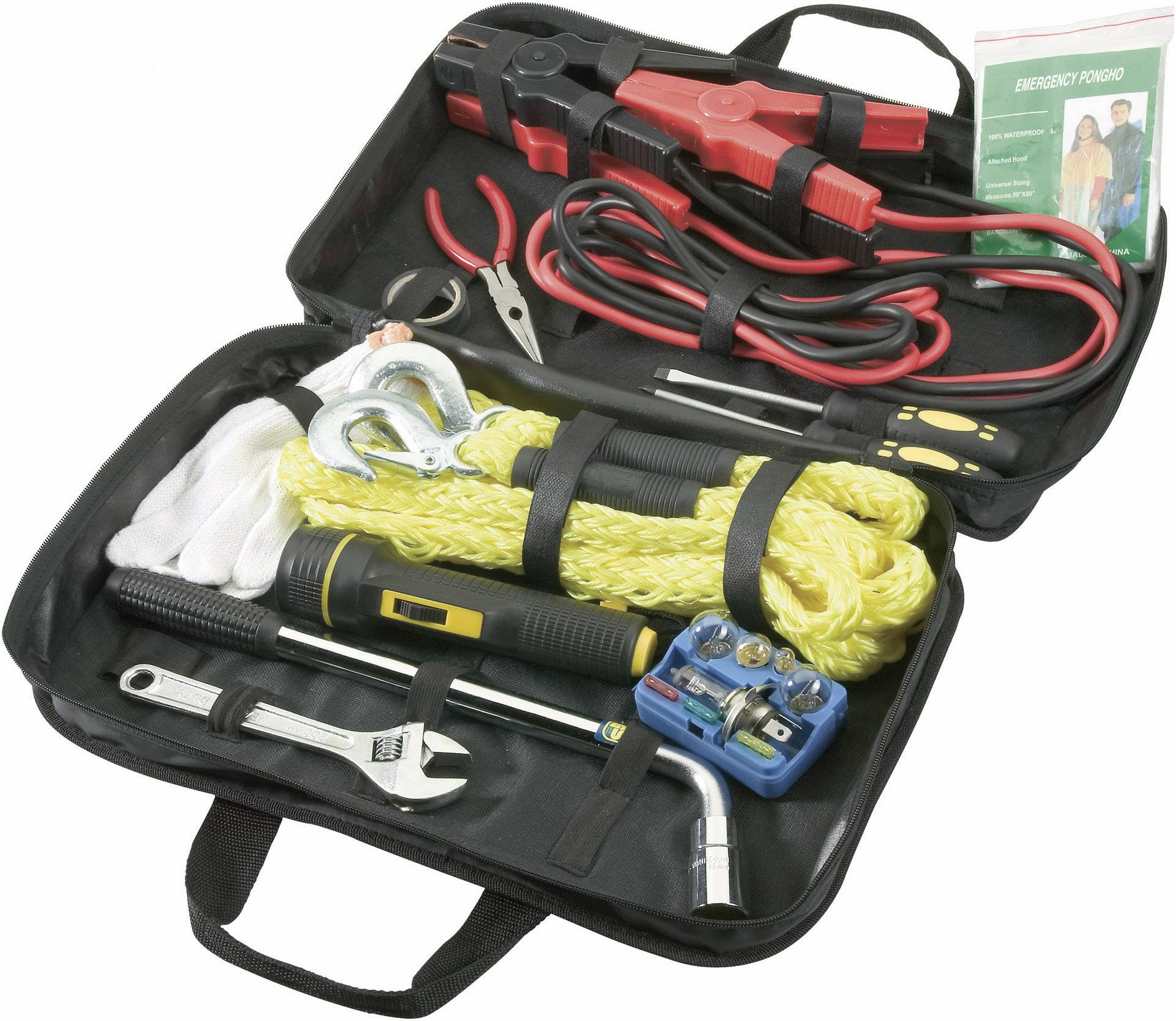 Ein Notfall-Set für das Auto mit Starthilfekabeln, Abschleppseil, Schraubenzieher, Taschenlampe und Erste-Hilfe-Anleitung.