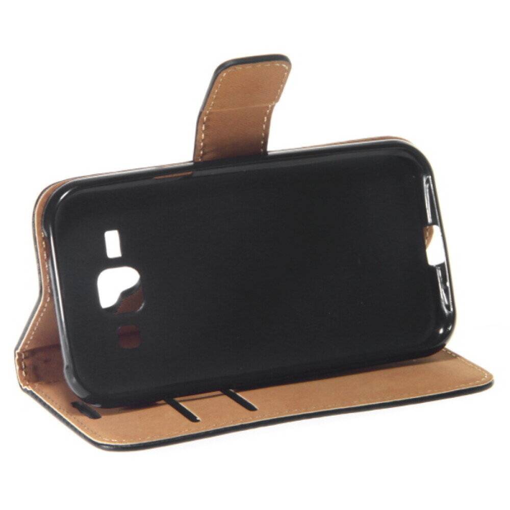 Leder Handyhülle für Samsung Galaxy J1 Schwarz Schutz Case