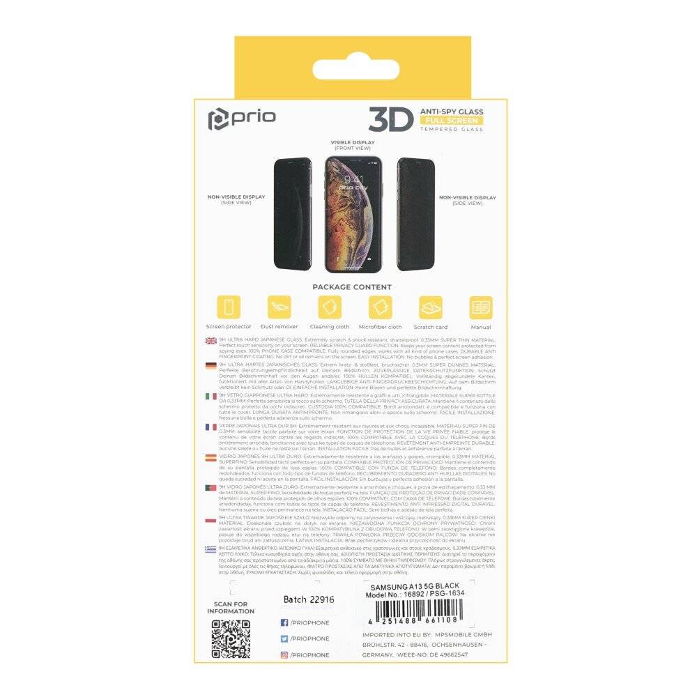 prio 3D Anti-Spy Displayschutzglas für Samsung A13 5G schwarz