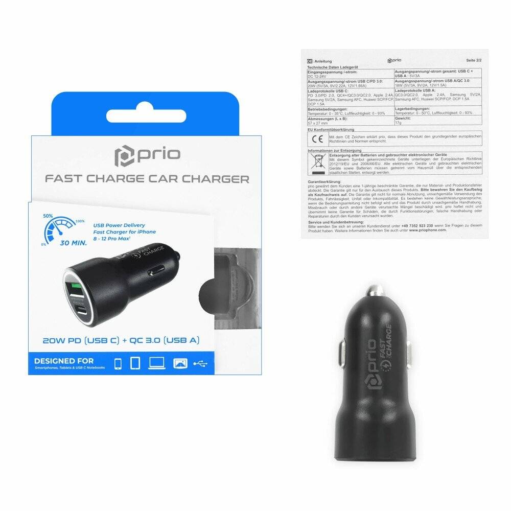 prio Schnell-Autoladegerät 20W PD (USB C) + QC 3.0 (USB A) schwarz