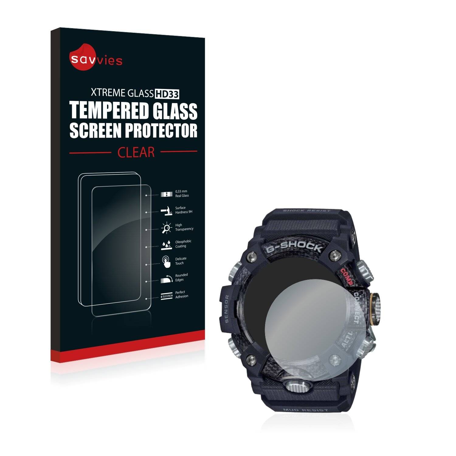 Savvies Schutzglas für Casio G-Shock Mudmaster GG-B100-1AER Echtglas 9H-Härte klar