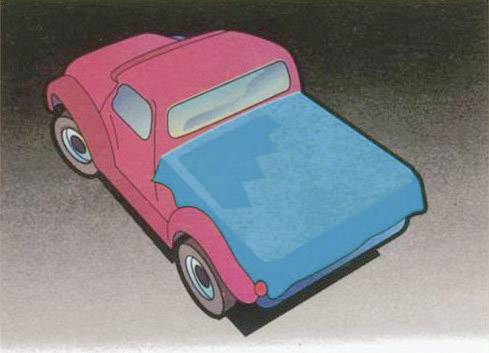 Ein Auto mit roter Karosserie und blauer Motorhaube steht auf grauem Hintergrund, stilistisch vereinfacht dargestellt.