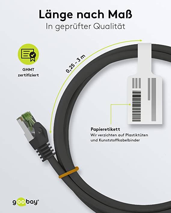 Goobay 61091 CAT 8.1 Patchkabel GHMT zertifiziert S/FTP PiMF halogenfrei 2 GHz Netzwerkkabel Internetkabel Schwarz 0,25m