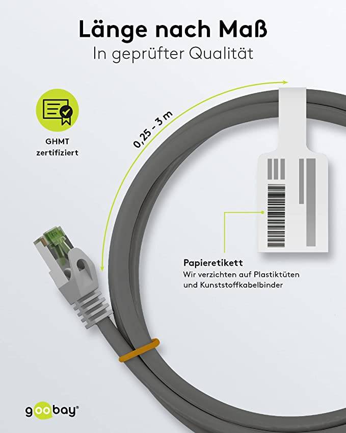 Goobay 61117 CAT 8.1 Patchkabel GHMT zertifiziert S/FTP PiMF halogenfrei 2 GHz Netzwerkkabel Internetkabel Grau 3m