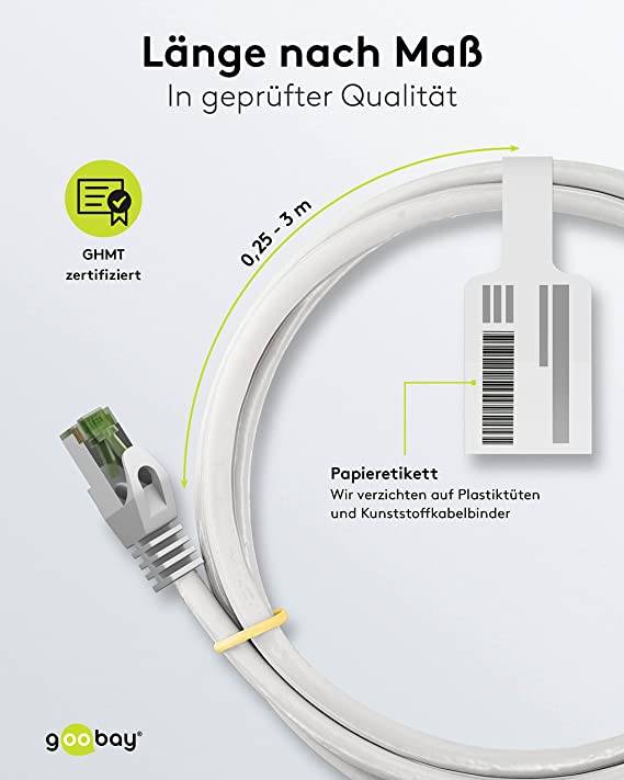 Goobay 61104 CAT 8.1 Patchkabel GHMT zertifiziert S/FTP PiMF halogenfrei 2 GHz Netzwerkkabel Internetkabel Weiß 1m