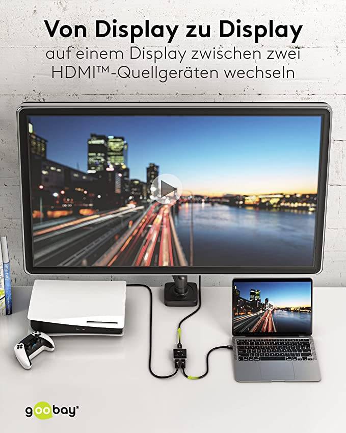 Goobay 58486 HDMI Umschalter 2 in 1 out HDMI Kabel 4K @ 60Hz Manuell HDMI Switch 18 Gbit/s Umschaltbox HDMI Weiche eARC