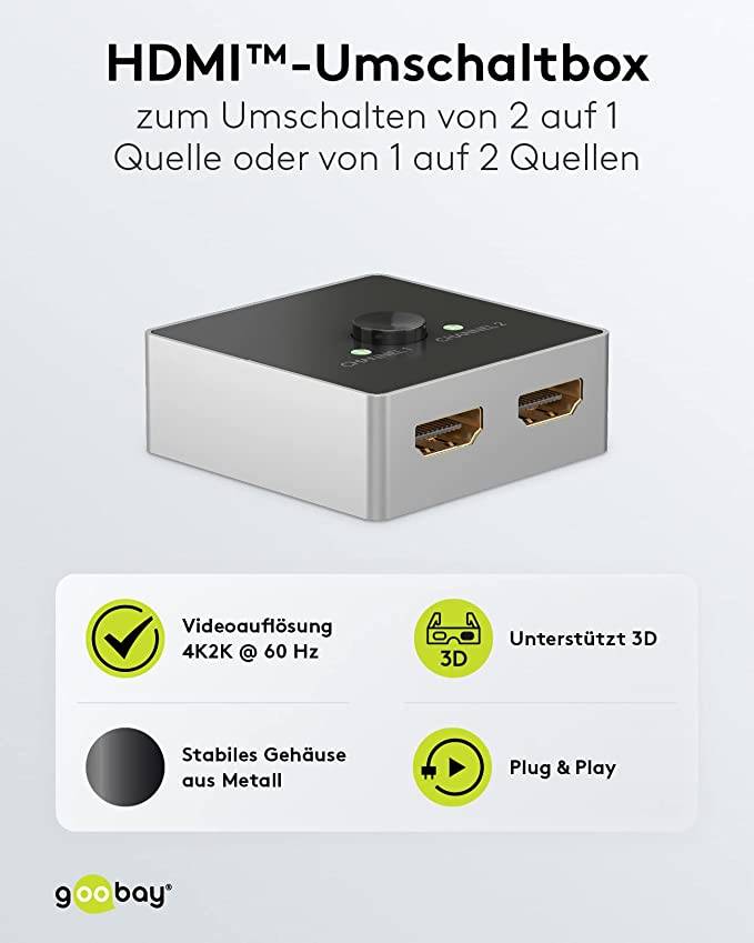 Goobay 58486 HDMI Umschalter 2 in 1 out HDMI Kabel 4K @ 60Hz Manuell HDMI Switch 18 Gbit/s Umschaltbox HDMI Weiche eARC