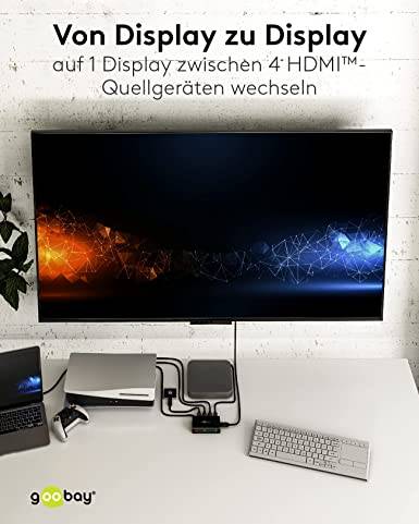 Goobay 58489 HDMI Umschalter 4 in 1 out Fernbedienung HDMI Kabel 4K @ 60Hz HDMI Switch 18 Gbit/s Umschaltbox HDMI Weiche
