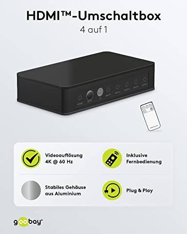 Goobay 58489 HDMI Umschalter 4 in 1 out Fernbedienung HDMI Kabel 4K @ 60Hz HDMI Switch 18 Gbit/s Umschaltbox HDMI Weiche