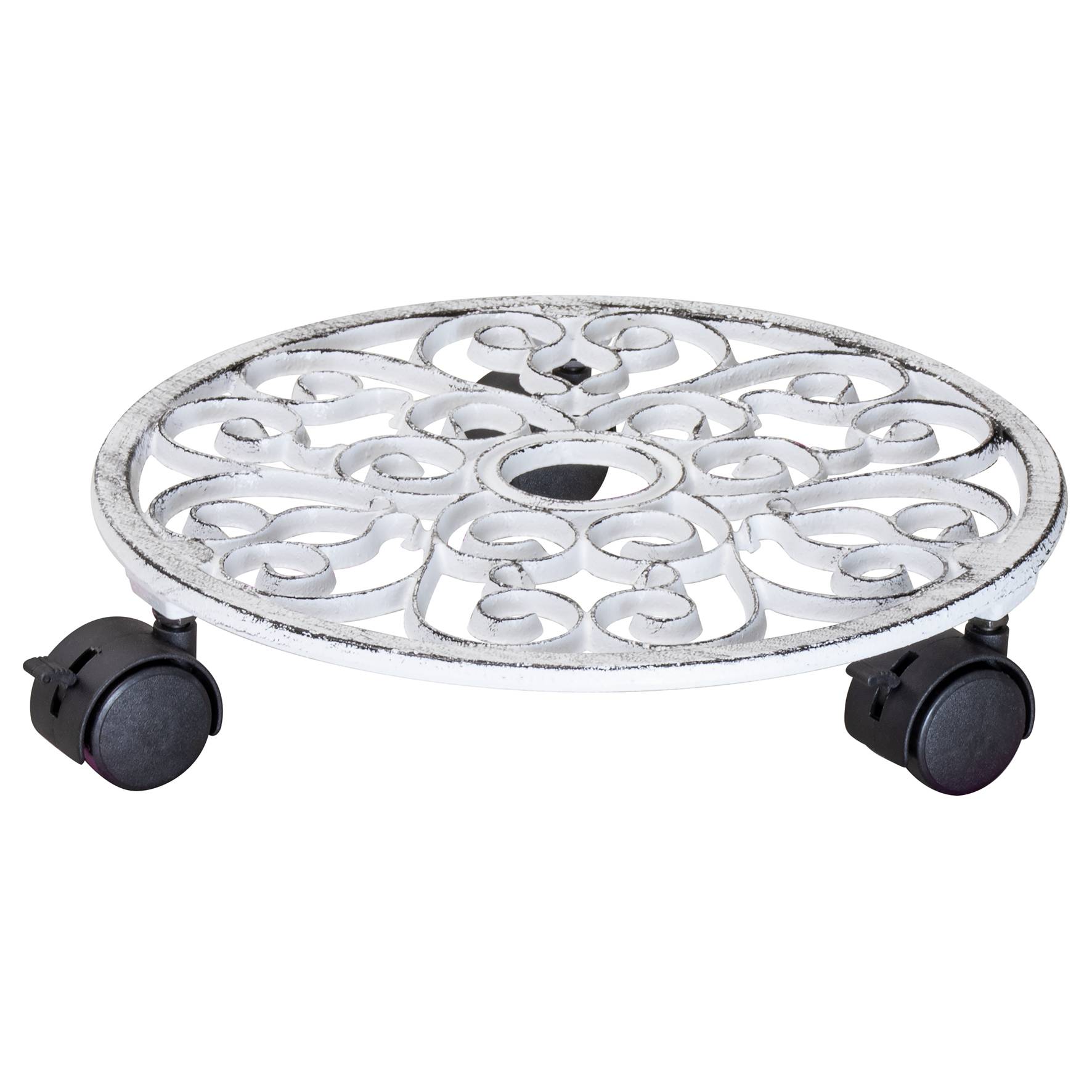 WAGNER Pflanzenroller ANTIK Ø 29 x 6,5 cm, außen & innen, Gusseisen, weiß, Bremsen, Tragkraft 50 kg - 20092301