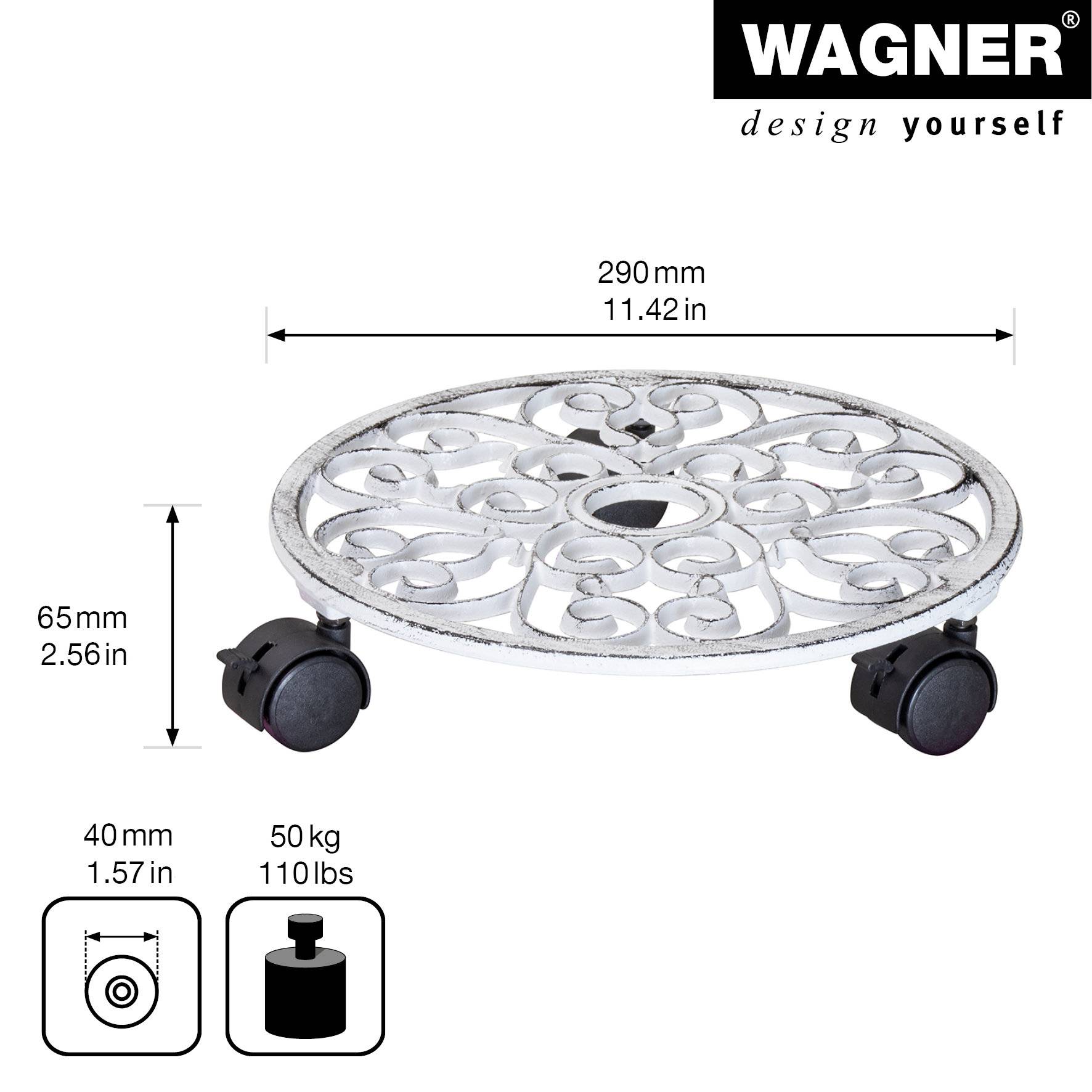 WAGNER Pflanzenroller ANTIK Ø 29 x 6,5 cm, außen & innen, Gusseisen, weiß, Bremsen, Tragkraft 50 kg - 20092301