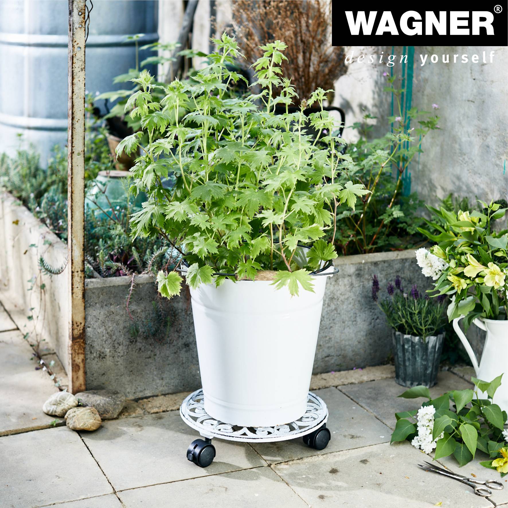WAGNER Pflanzenroller ANTIK Ø 29 x 6,5 cm, außen & innen, Gusseisen, weiß, Bremsen, Tragkraft 50 kg - 20092301