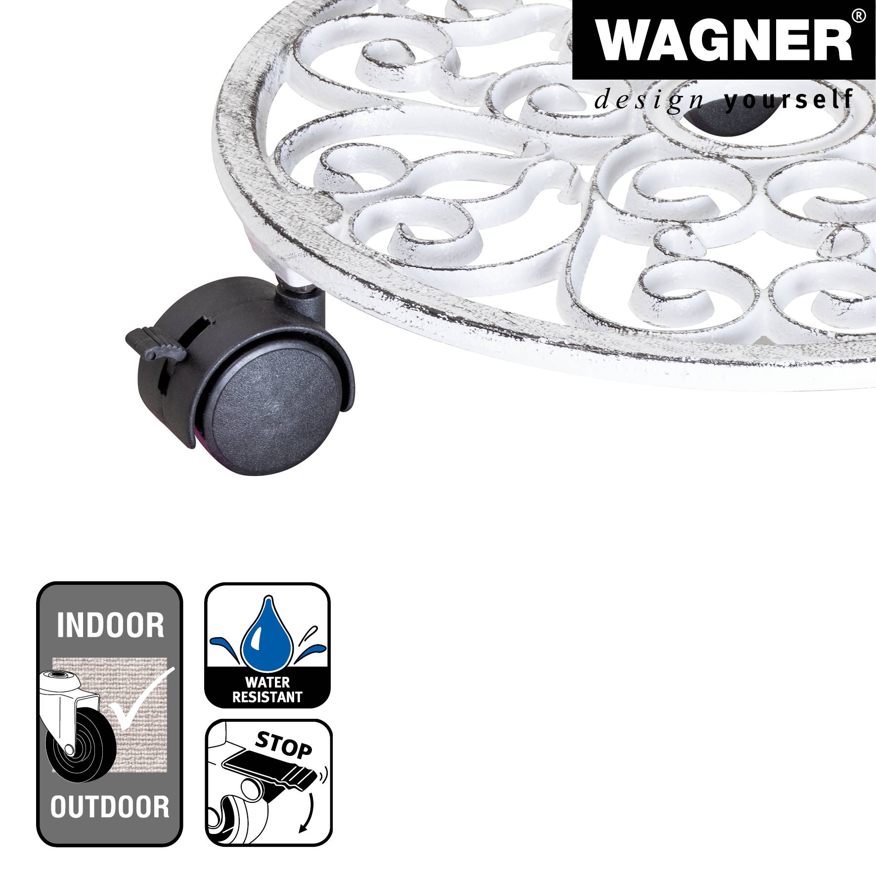 WAGNER Pflanzenroller ANTIK Ø 29 x 6,5 cm, außen & innen, Gusseisen, weiß, Bremsen, Tragkraft 50 kg - 20092301