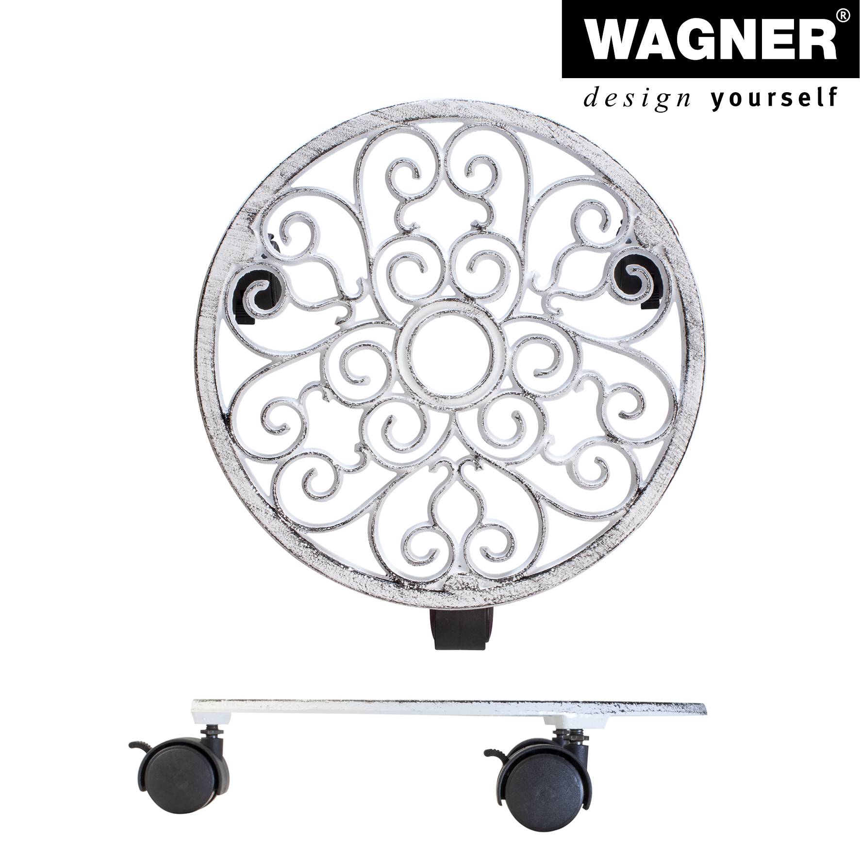 WAGNER Pflanzenroller ANTIK Ø 29 x 6,5 cm, außen & innen, Gusseisen, weiß, Bremsen, Tragkraft 50 kg - 20092301