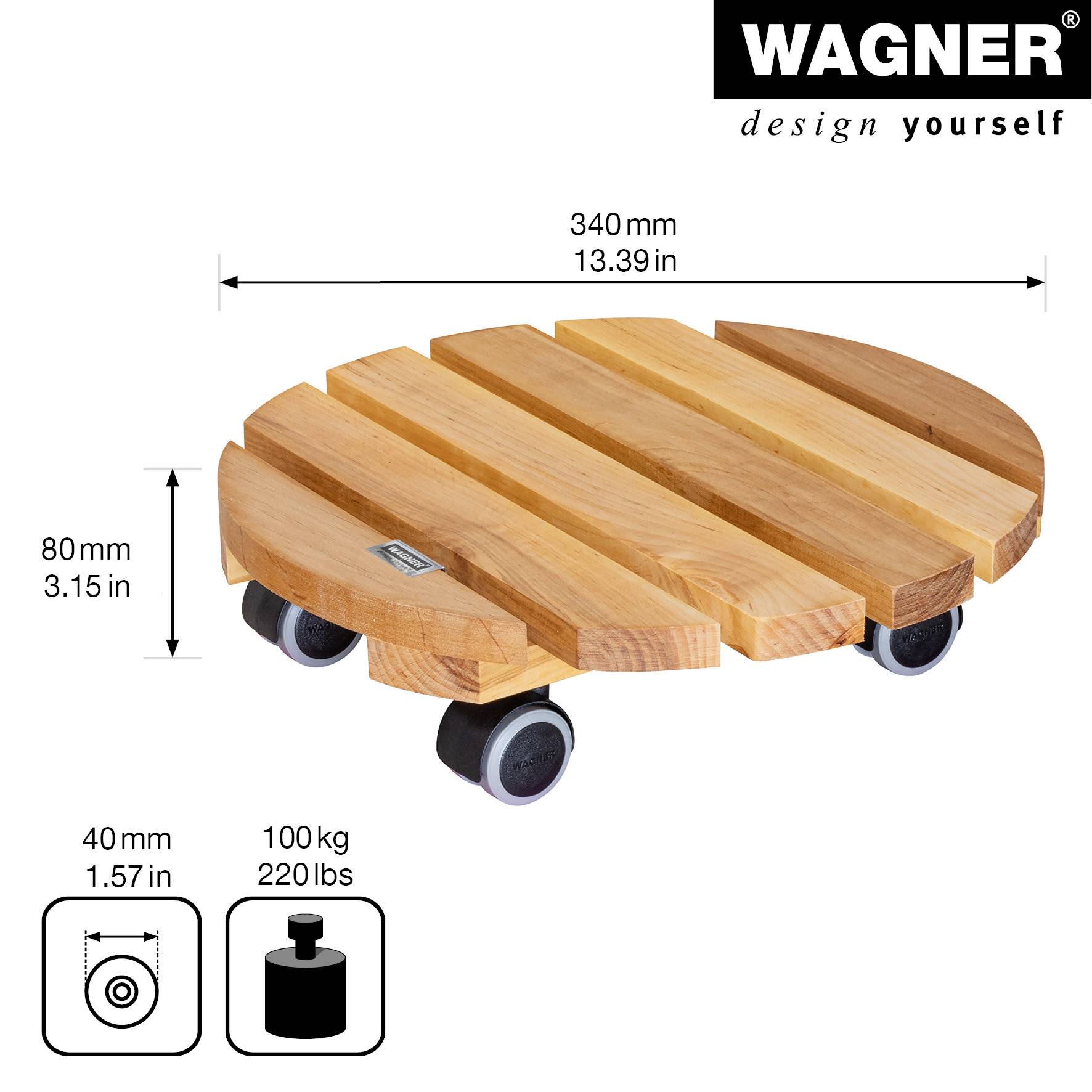 WAGNER Pflanzenroller NATURE Ø 34 x 8 cm, für Innenbereich, Erlenholz, natur geölt, Tragkraft 100 kg, EU Ware - 20026201
