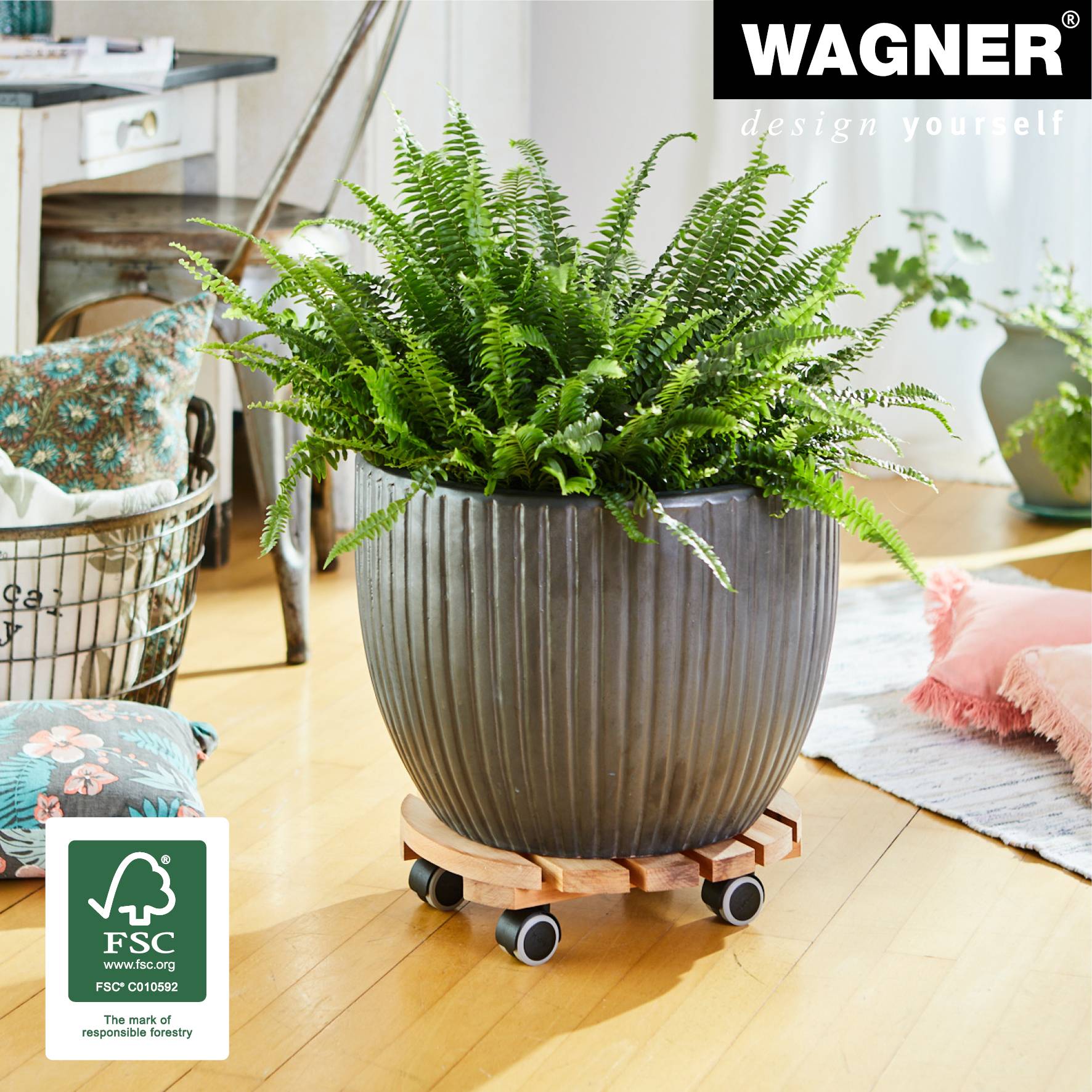 WAGNER Pflanzenroller NATURE Ø 34 x 8 cm, für Innenbereich, Erlenholz, natur geölt, Tragkraft 100 kg, EU Ware - 20026201