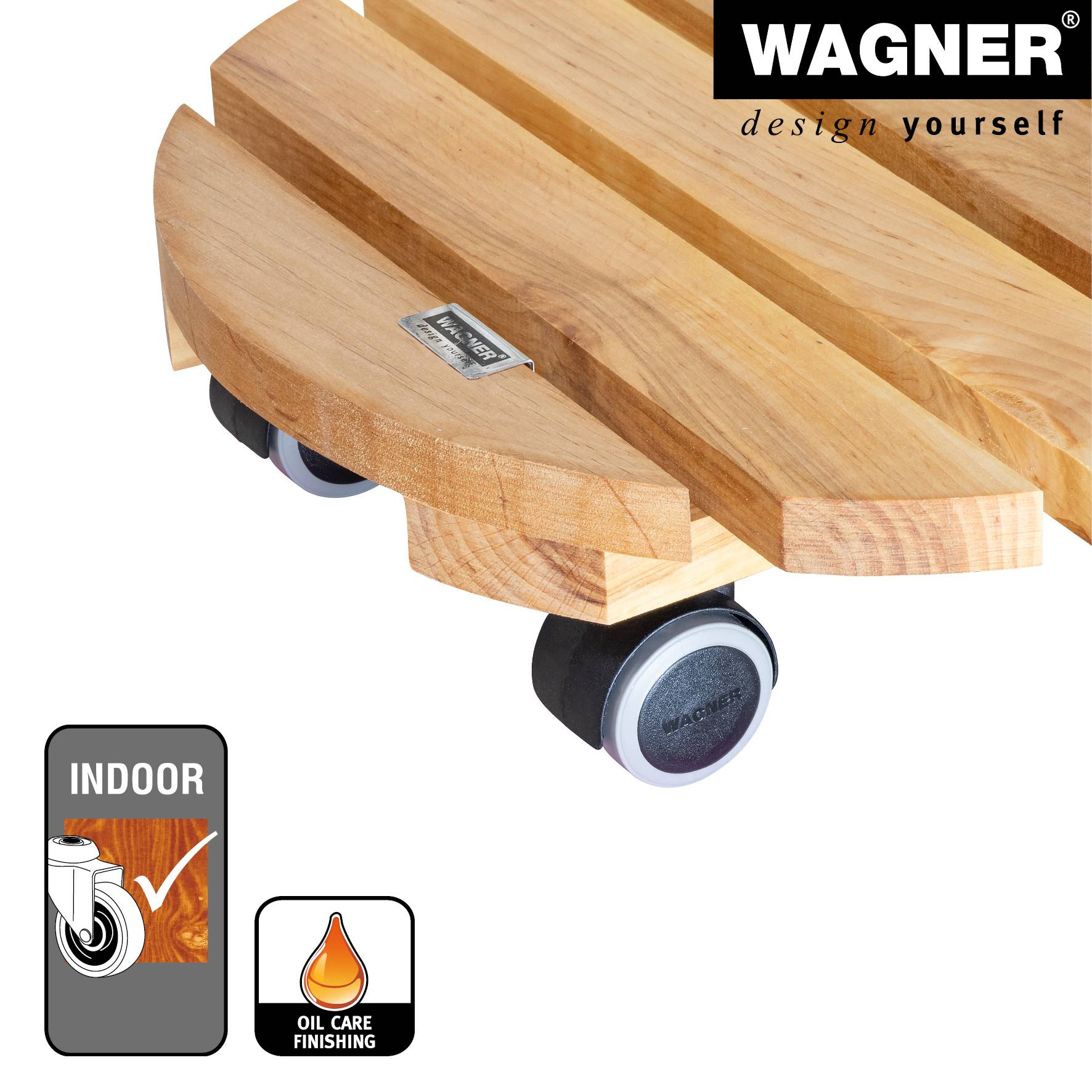 WAGNER Pflanzenroller NATURE Ø 34 x 8 cm, für Innenbereich, Erlenholz, natur geölt, Tragkraft 100 kg, EU Ware - 20026201