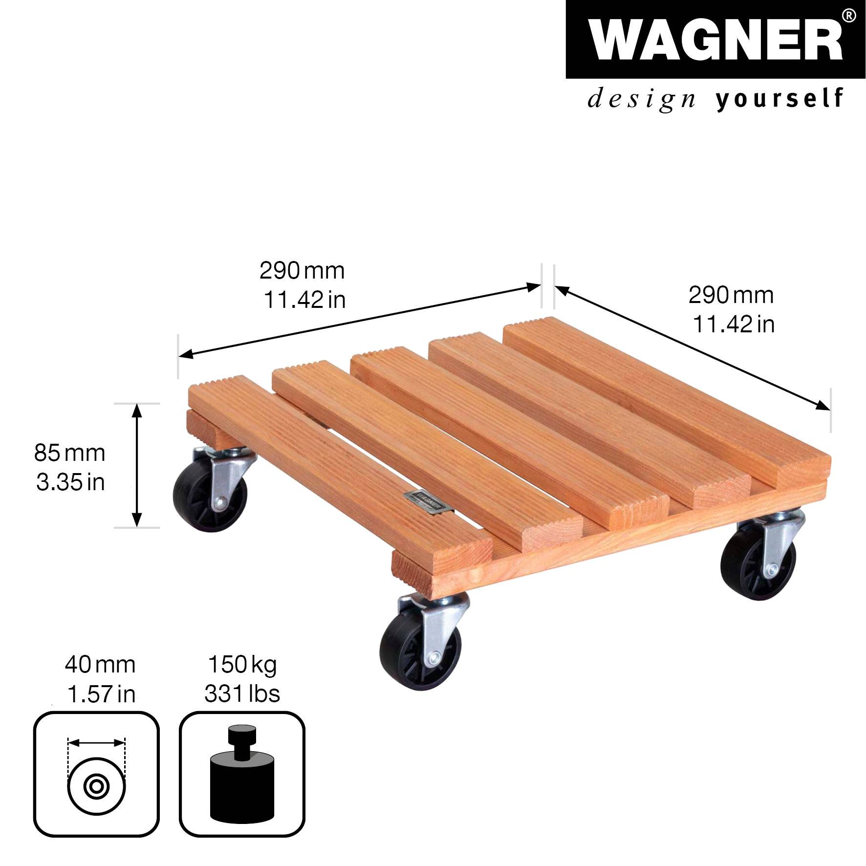WAGNER Pflanzenroller TOSCANA 29 x 29 x 8,5 cm, innen&außen, Holz geriffelt, terracotta, max. 150 kg, EU Ware - 20015301
