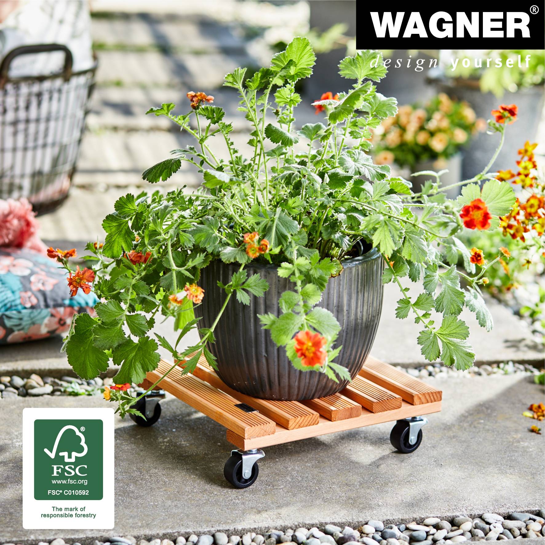 WAGNER Pflanzenroller TOSCANA 29 x 29 x 8,5 cm, innen&außen, Holz geriffelt, terracotta, max. 150 kg, EU Ware - 20015301