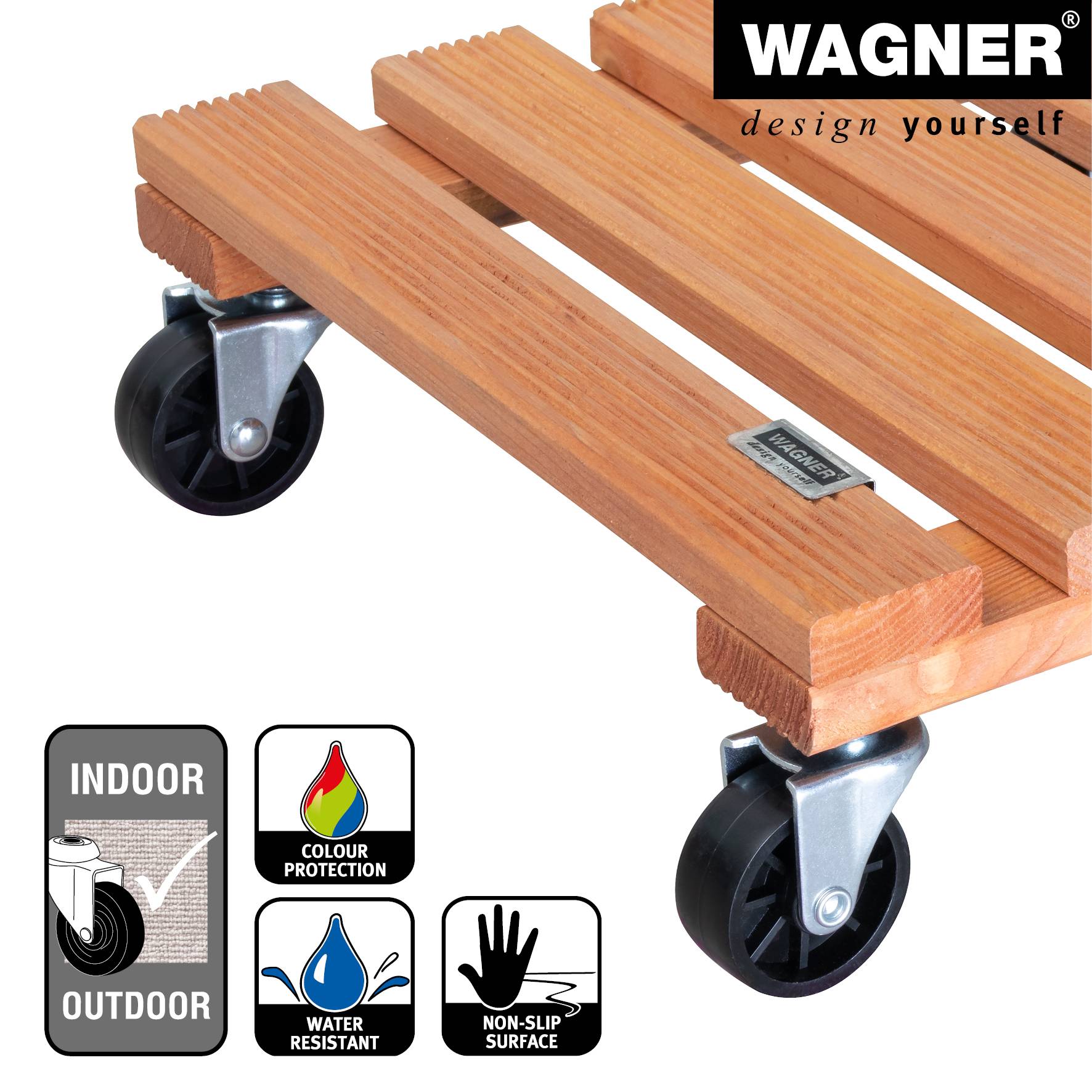 WAGNER Pflanzenroller TOSCANA 29 x 29 x 8,5 cm, innen&außen, Holz geriffelt, terracotta, max. 150 kg, EU Ware - 20015301