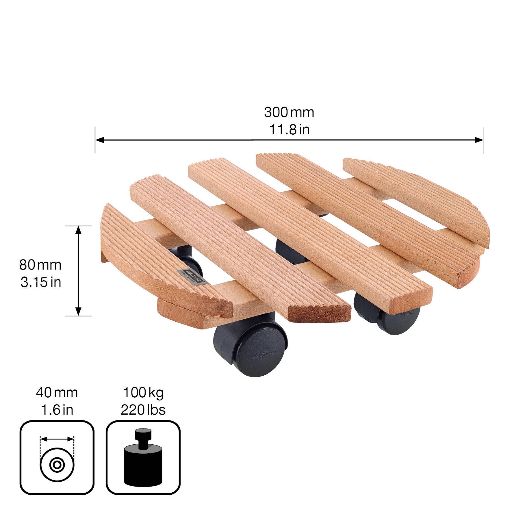WAGNER Pflanzenroller COUNTRY Ø 30 x 8 cm, für innen, Holz geriffelt, kastanie, Tragkraft 100 kg, EU Ware - 20018201