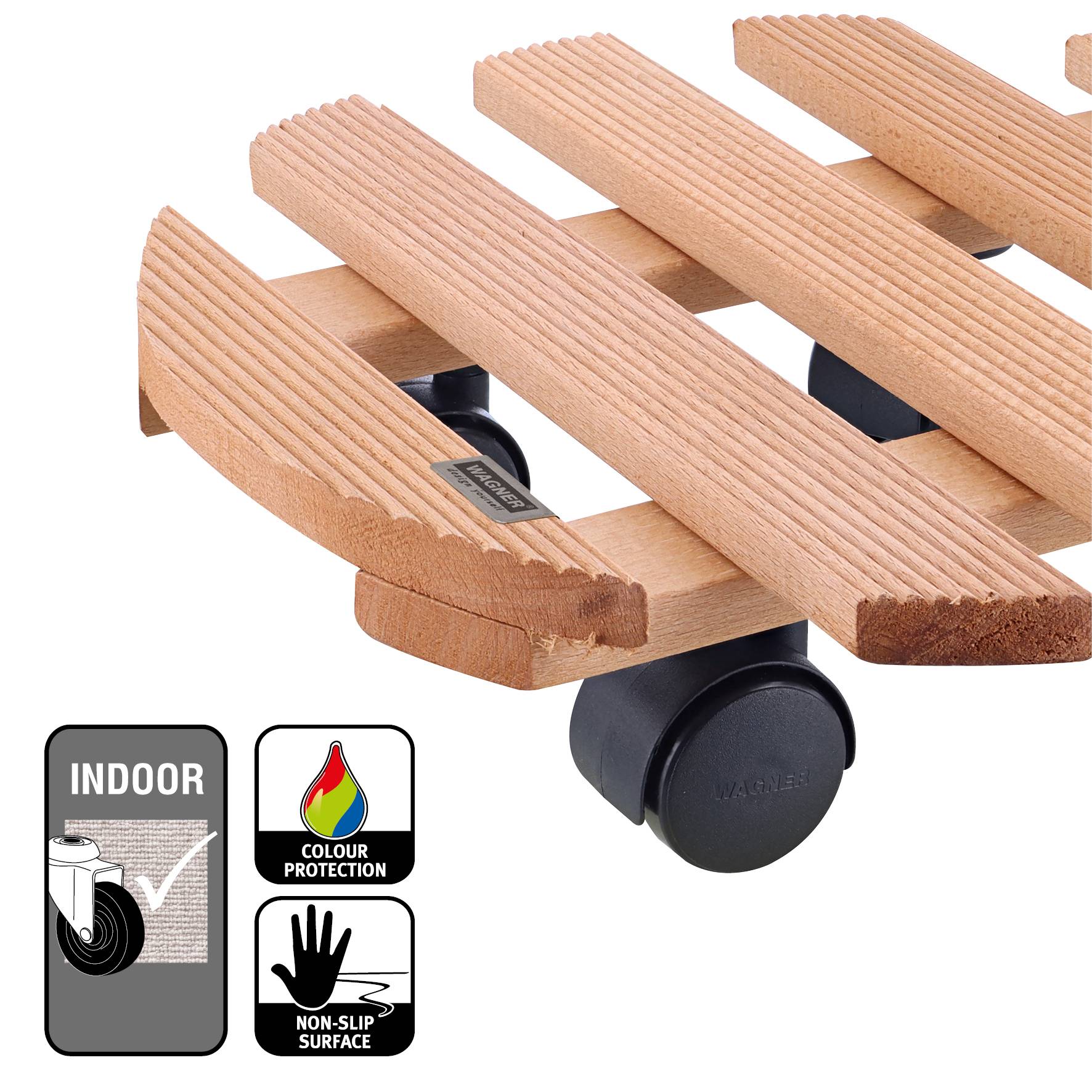 WAGNER Pflanzenroller COUNTRY Ø 30 x 8 cm, für innen, Holz geriffelt, kastanie, Tragkraft 100 kg, EU Ware - 20018201