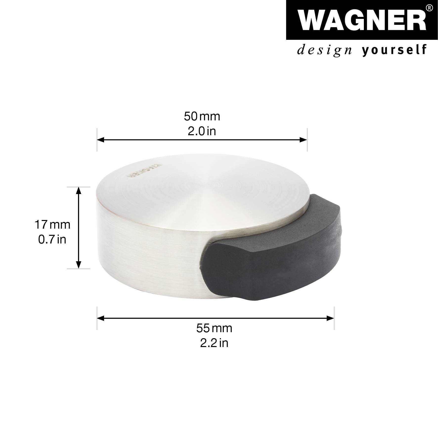 WAGNER Türstopper SCREW OR GLUE/Schrauben oder Kleben - Ø 50 x 55 x 17 cm, Metall Edelstahloptik, Kautschuk - 15511111