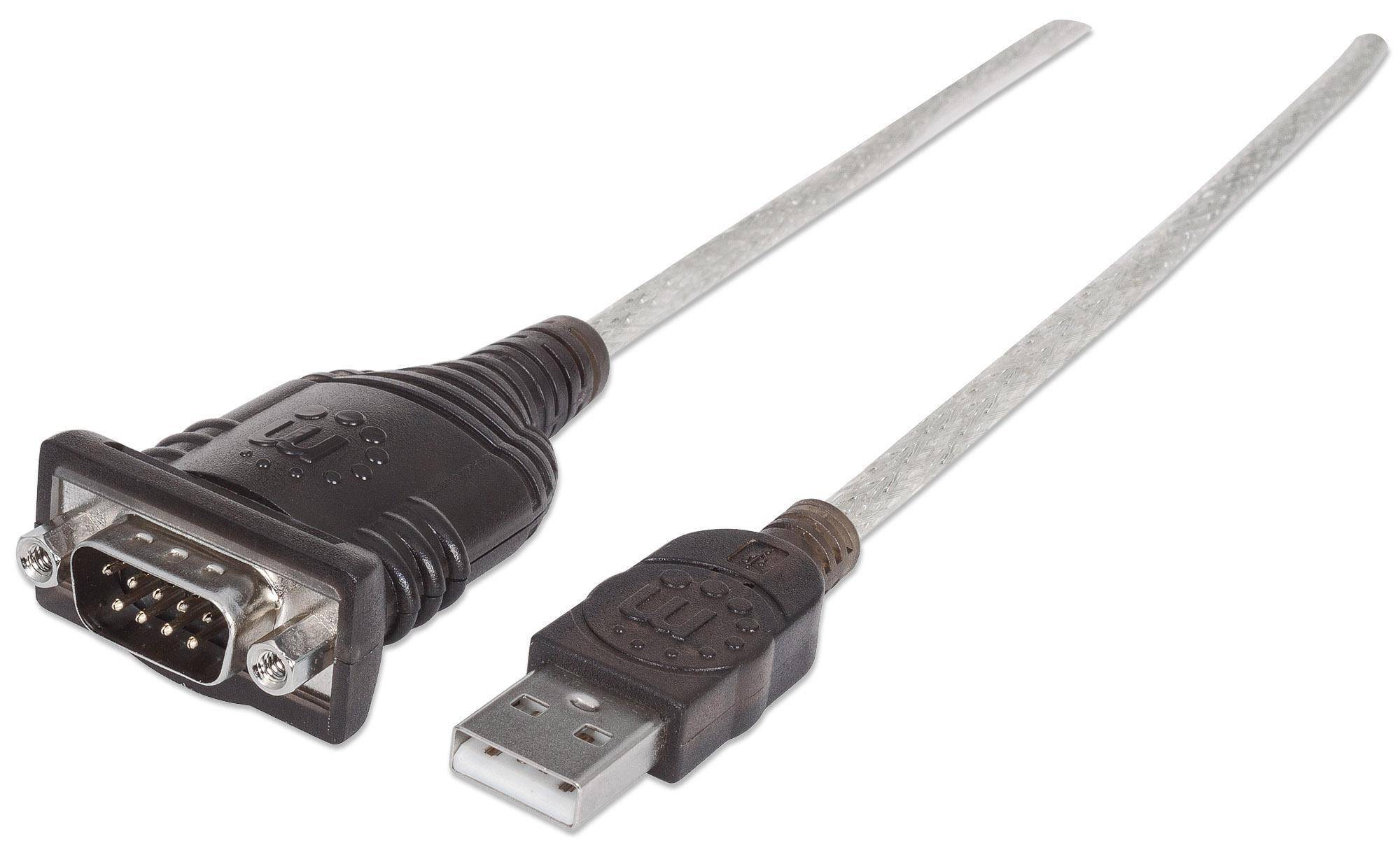 Manhattan USB-A to Serial Converter cable, 1.8m, Male to Male, Serial/RS232/COM/DB9, Prolific PL-2303RA Chip, Black/Silv