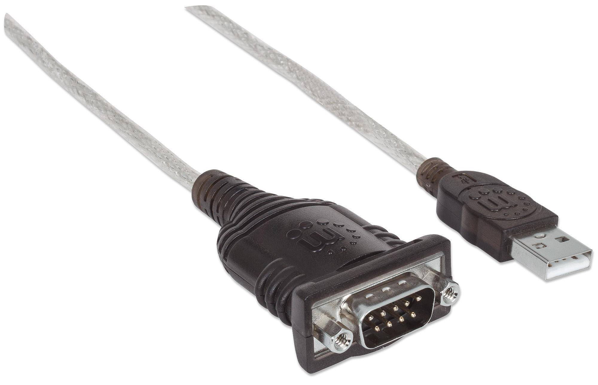Manhattan USB-A to Serial Converter cable, 1.8m, Male to Male, Serial/RS232/COM/DB9, Prolific PL-2303RA Chip, Black/Silv