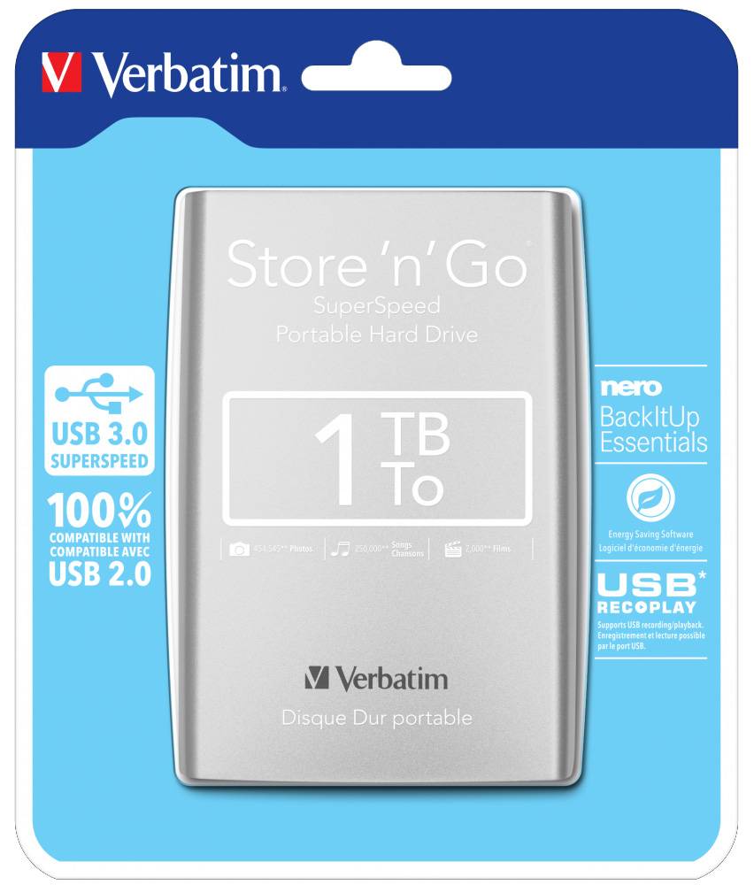 Verbatim Store 'n' Go 1TB Externe Festplatte 6.35cm (2.5 Zoll) USB-A (USB 3.2 Gen 1) Silber 53071
