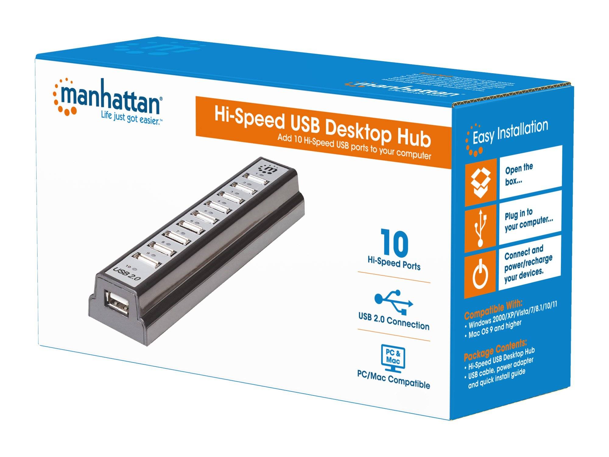 Manhattan 161572 10 Port USB 2.0-Hub Schwarz, Silber