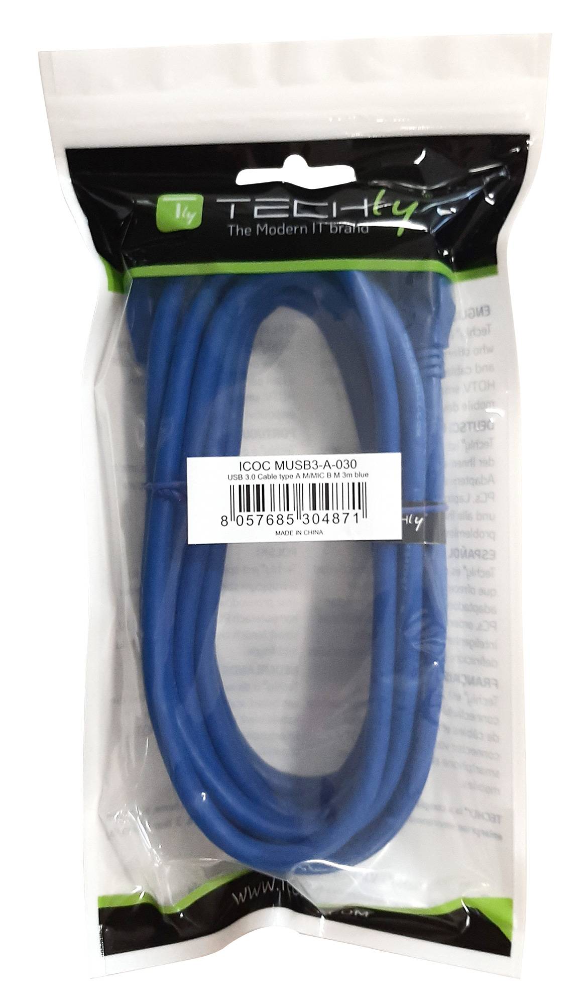 TECHly USB-Kabel USB 3.2 Gen1 USB-A Stecker, USB-Micro-B 3.0 Stecker 2.00m Blau vergoldete Steckkontakte ICOC-MUSB3-A-020