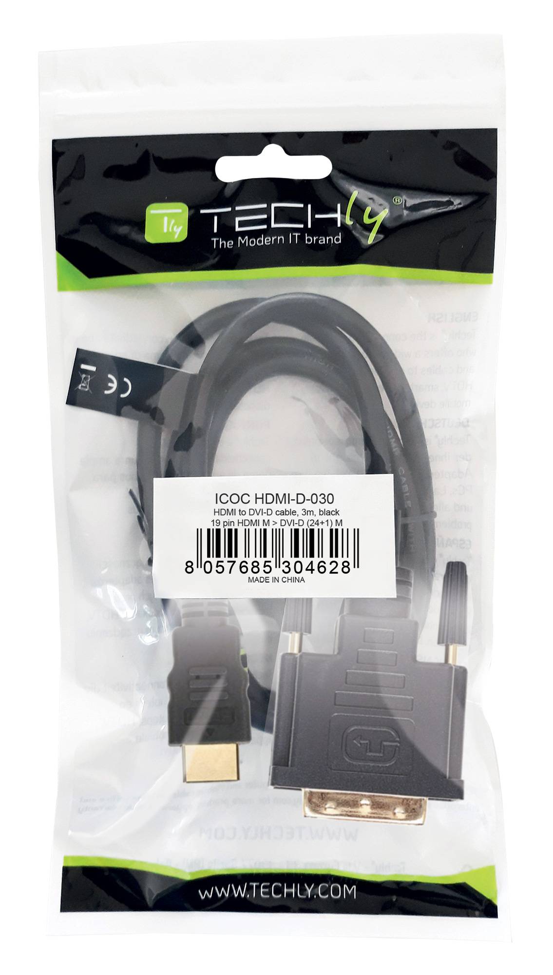 HDMI zu DVI-D Anschlusskabel, schwarz -- 3 m Multimedia VGA / DVI Kabel