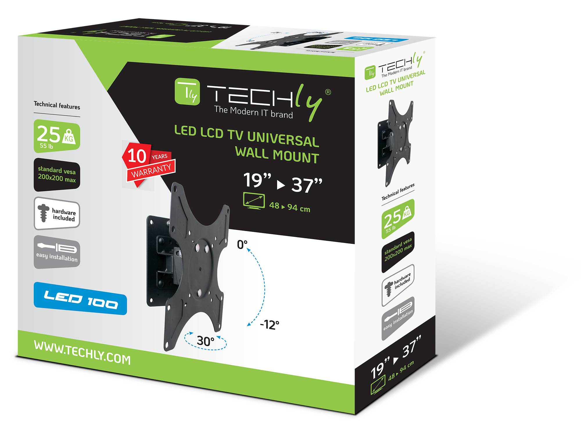 TECHly - Befestigungskit (Wandhalterung) - für Flachbildschirm - Schwarz - Bildschirmgröße: 48.3-94 cm (19"-37")